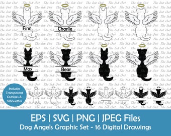 Dog Angel with Wings and Halo Vector Clipart Set / Outline, Stamp and Color Graphics / Pet Memorial Label Template / Svg, Png, Eps, Jpg