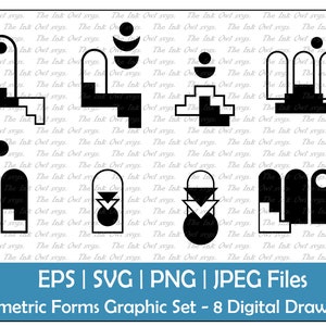 May include: A set of eight digital drawings featuring geometric shapes in black and white. The shapes are abstract and modern, with a minimalist aesthetic. The drawings are perfect for use in digital design projects, such as website design, social media graphics, and print projects.