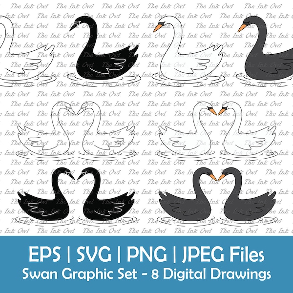 Swan Vector Clipart Set / Outline, Silhouette Stamp & Color Graphic / Wild Bird or Water Fowl / White and Black / Svg, Png, Jpg, Eps