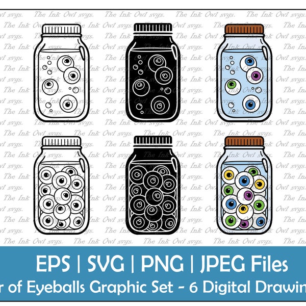 Jar of Monster Eyeballs Vektor Clipart Set / Umriss, Stempel & Farbzeichnung Grafiken / Halloween Spooky Eyes / Lab / PNG, JPG, SVG, Eps