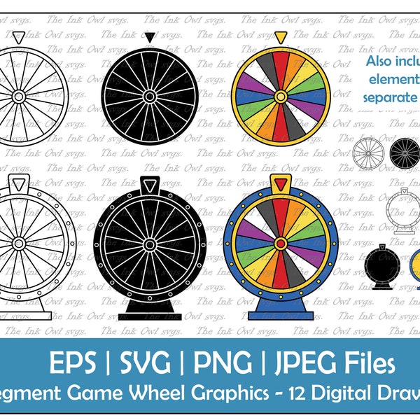 Game Spin Wheel Vector Clipart Set / 16 Segments with White and Black / Outline, Stamp & Color Graphics / Lottery / PNG, JPG, SVG, Eps