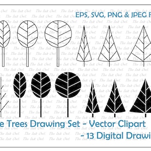 Stylized Tree Vector Clipart Set / Outline & Stamp Line Drawing Illustrations / PNG, JPG, SVG, Eps