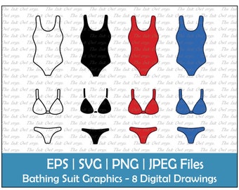 May include: Eight digital drawings of bathing suit styles. The illustrations are in black, white, red, and blue. The styles include one-piece, bikini top, and bikini bottom.