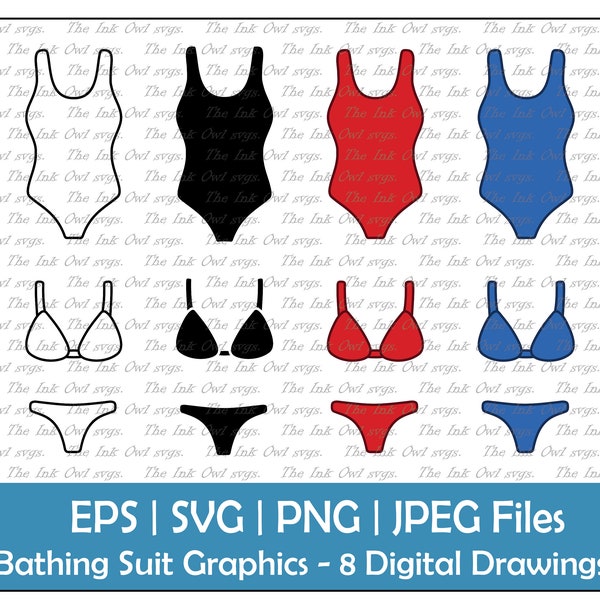 Bathing Suit Full and Bikini Vector Clipart Set / Outline, Stamp & Color Drawing Graphic / Summer Swimming / PNG, JPG, SVG, Eps