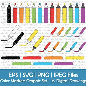 Marker Pen Writing Clipart Set / Outline, Silhouette & Rainbow Colors Graphic / Back to School / Brush Stroke / Svg, Png, Jpg, Eps