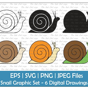 Set di clipart vettoriali di lumaca / Contorno, silhouette e timbro grafico / Trasferimento a sublimazione / EPS, SVG, JPG, png
