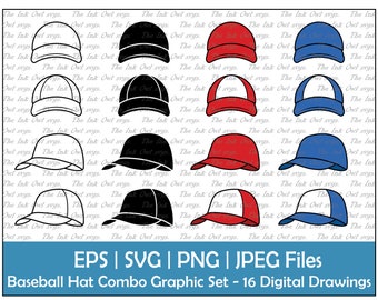 Baseball Hat Cap Clipart Set / Outline, Silhouette & Color Graphics / Sports Wear / Front and Side View / Sublimation / Png, Eps, Jpg, Svg