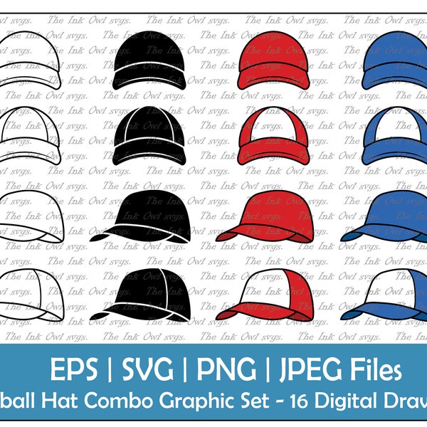 Baseball Hat Cap Clipart Set / Outline, Silhouette & Color Graphics / Sports Wear / Front and Side View / Sublimation / Png, Eps, Jpg, Svg