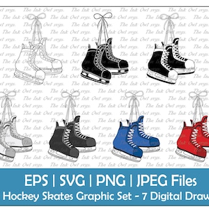 Tied Hanging Hockey Ice Skates Clipart Set / Outline, Silhouette & Color Graphics / Winter Sublimation Digital Sticker / Png, Jpg, Svg, Eps