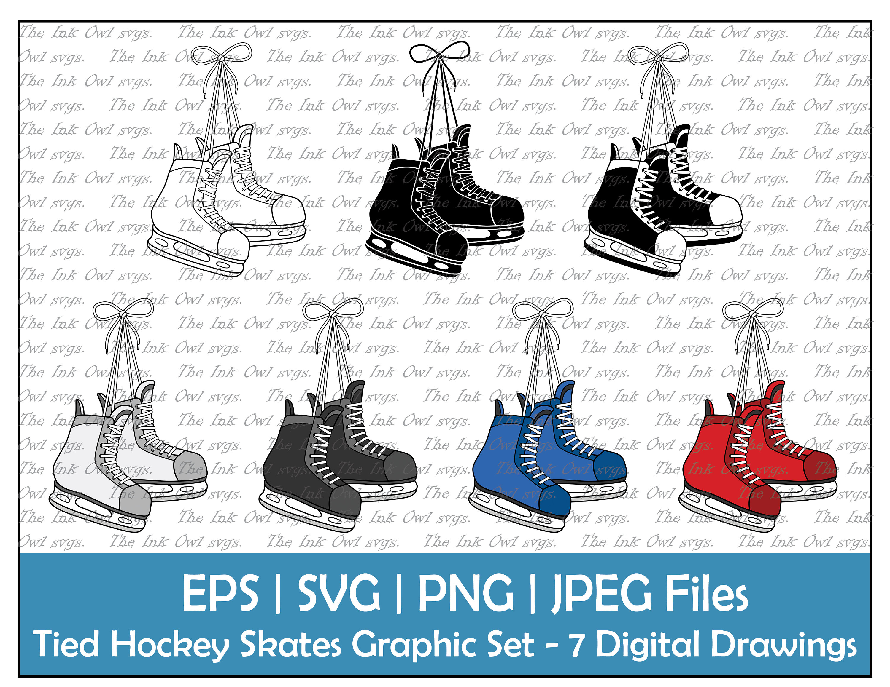 Tied Hanging Hockey Ice Skates Clipart Set / Outline, Silhouette & Color Graphics / Winter Sublimation Digital Sticker / Png, Jpg, Svg, Eps