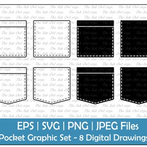 Shirt Pocket Vector Clipart Set / Outline & Stamp Drawing Graphic / Transfer / PNG, JPG, SVG, Eps
