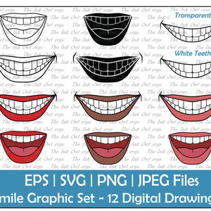 Glimlach met tanden &open mond Vector Clipart / Outline, Silhouet Stempel en Kleur Graphics / Sublimatie / PNG, JPG, SVG, Eps