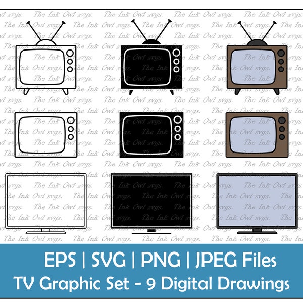 Television Monitor Vector Clipart Set / Outline & Stamp Drawing Illustrations / Modern and Retro Tube TV / PNG, jpg, SVG, Eps