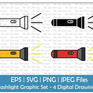 Lampe de poche Vector Clipart Set / Contour & Stamp Graphic / Camping Emergency Light / PNG, JPG, SVG, Eps