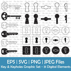 Key & Keyhole Vector Clipart Set / Outline, Silhouette Stamp Graphic ...