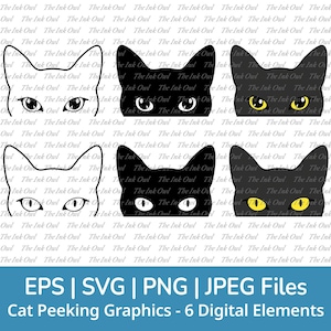Cat Face Peeking Over Svg Vector Clipart Set / Outline, Stamp Silhouette & Color Drawing Graphic / Png, Svg, Jpg, Eps