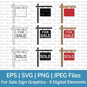 Te koop en verkocht borden met post clipart set / omtrek, stempel silhouet en kleurtekening afbeelding / png, png, jpg, jpg, eps