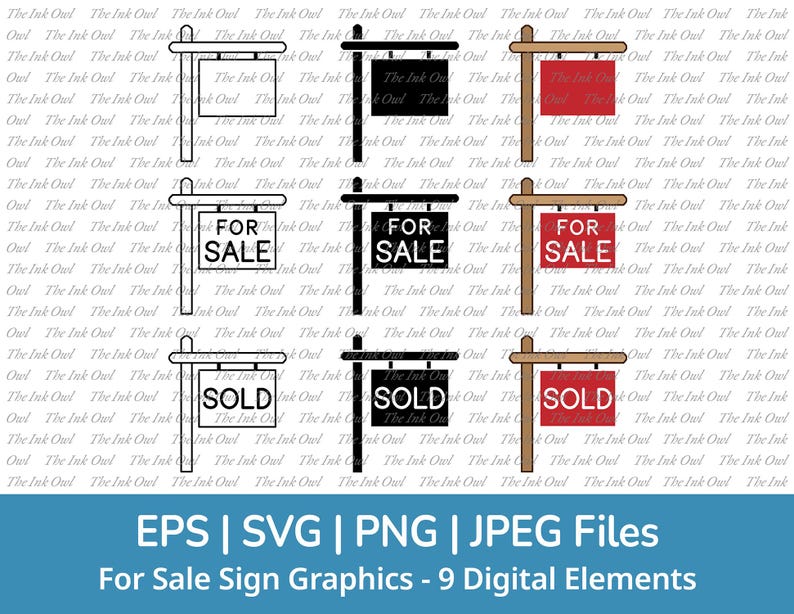 For Sale and Sold Signs With Post Clipart Set / Outline, Stamp ...
