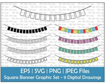 Rectangular Bunting Banner Vector Clipart / Outline, Silhouette Stamp & Color Graphic Illustrations / Party Sublimation / PNG, JPG, SVG, Eps