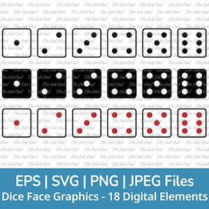 Würfelgesichter Clipart Set / Umriss, Silhouette und Farbe Zeichnungsgrafik / Gaming und Glücksspiel / PNG, JPG, SVG, Eps