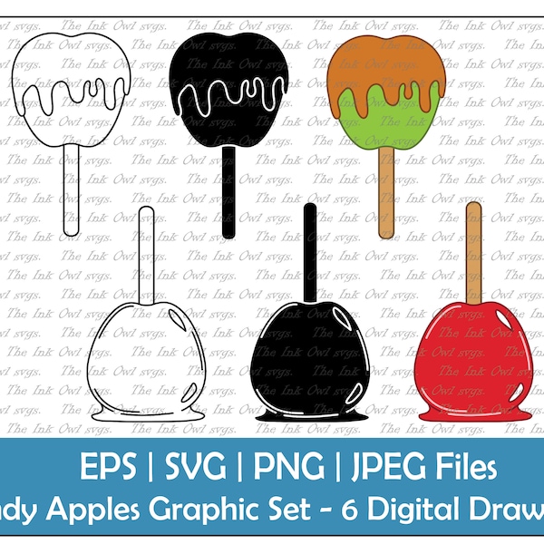 Candy Apple Vector Clipart Set / Outline & Stamp Drawing Illustrations / Caramel Food / PNG, JPG, SVG, Eps