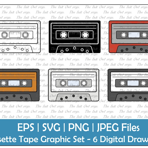 Cassette Audio Tape Clipart / Outline, Silhouette Stamp & Color Graphics / Retro Vintage / Sublimation / Png, Svg, Jpg, Eps