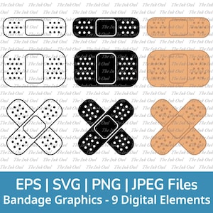 Zelfklevend verband Vector Clipart Set / Overzicht en stempel grafische tekening / EHBO / PNG, JPG, SVG, Eps