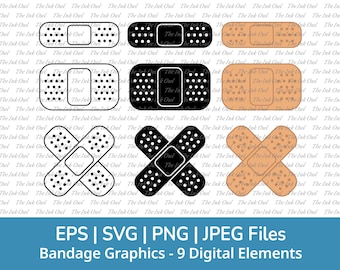 Adhesive Bandage Vector Clipart Set / Outline & Stamp Drawing Graphic / First Aid / PNG, JPG, SVG, Eps