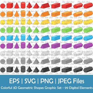 3D Geometric Shape and Forms Expanded Clipart / Outline & Silhouette Graphics / Educational Math / Sphere, Cube, Prism / Png, Svg, Jpg, Eps