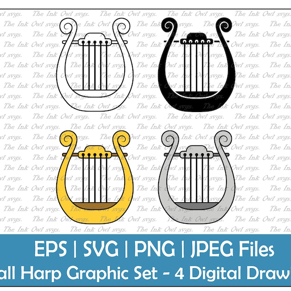 Handheld Harp Vector Clipart Set / Outline & Stamp Drawing Graphic / Music Instrument / PNG, JPG, SVG, Eps
