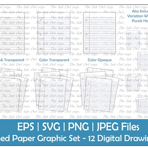 Juego de imágenes prediseñadas vectoriales de papel escolar rayado / Aislado y pila de papel con y sin perforaciones / Gráfico de dibujo digital / PNG, JPG, SVG, Eps