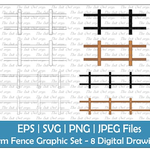 Wood Farm Fence Clipart Set / Outline, Silhouette Stamp & Color Graphic Illustrations / Farm and Garden / Sublimation / PNG, JPG, SVG, Eps