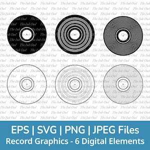 Conjunto de imágenes prediseñadas vectoriales de discos de vinilo / Ilustraciones de contornos y sellos / Música vintage / PNG, JPG, SVG, Eps