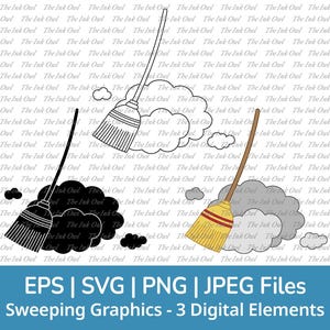 Sweeping Broom and Dust Svg Vector Clipart Set / Outline, Stamp Silhouette & Color Drawing Graphic / Png, Svg, Jpg, Eps