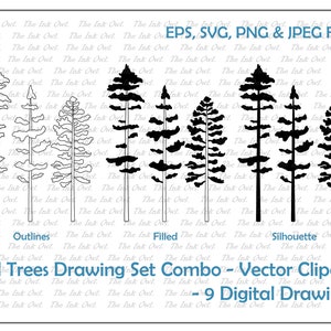Tall Tree Vector Clipart Combo Set / Forest Line Drawing & Stamp Illustrations / Abete, Abete rosso, Pino / PNG, JPG, SVG, Eps