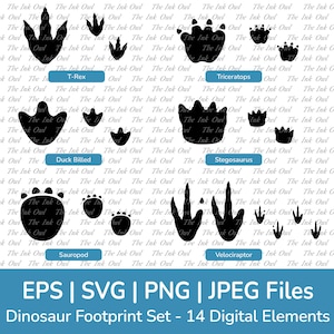 Ilustraciones y clipart de huellas y huellas de dinosaurios simples para niños / T-Rex, Triceratops, Velociraptor, Stegosaurios / Svg, Png, Eps, Eps