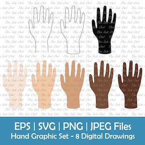 Set di clipart vettoriali della mano umana / Contorno, Timbro silhouette e Grafica di disegno a colori / Diverse tonalità della pelle / Sublimazione / PNG, JPG, SVG, Eps