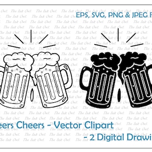 Beer Drink Cheers Vector Clipart Set / Outline & Stamp Drawing Illustrations / Beer Drink / Head Foam / Commercial Use / PNG, JPG, SVG, Eps
