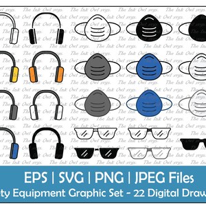 Veiligheidsoorwarmers, brillen en masker clipart set / omtrek, silhouet & kleurenafbeeldingen / veiligheidsuitrusting voor de bouw / png, jpg, svg, eps