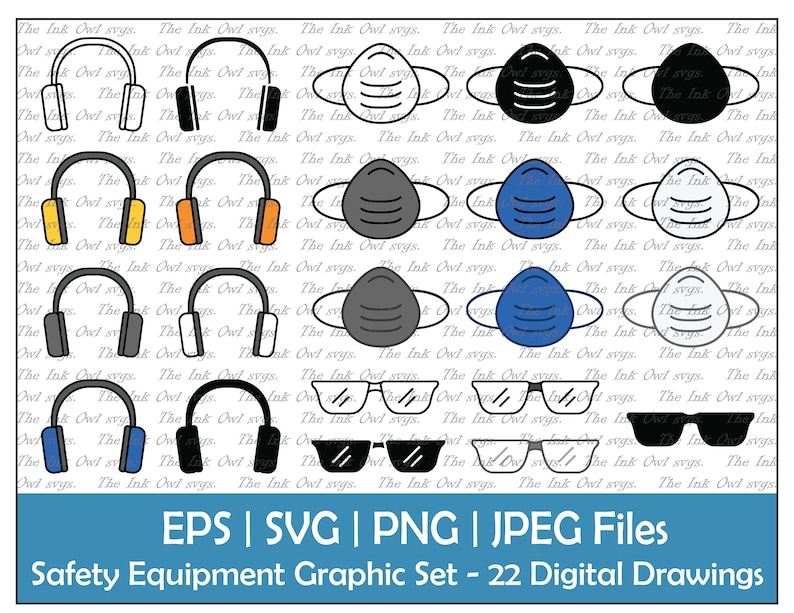 Puede incluir: Un conjunto de 22 dibujos digitales de equipo de seguridad, que incluyen auriculares, mascarillas, gafas y gafas de sol. Los dibujos son en blanco y negro, gris, azul y amarillo.