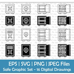 Money Safe Vector Clipart Set / Outline & Stamp Drawing Graphic / Security Bank Digital and Analog / PNG, JPG, SVG, Eps