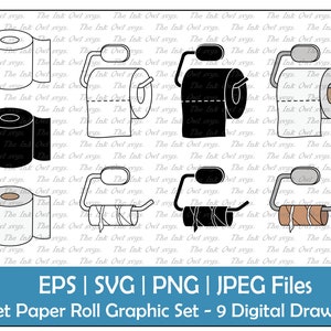 Toiletpapierrol Vector Clipart Set / Outline, Stamp and Color Graphics / Badkamer / Full and Empty Fixture / PNG, JPG, SVG, Eps