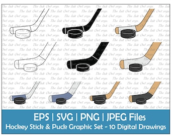 Hockeyschläger und Puck Vektor Clipart Set / Umriss, Silhouette Stempel & Farbe Zeichnung Grafik / Wintersport / Png, Jpg, SVG, Eps