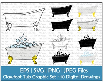 Bathtub and Bubbles Vector Clipart Set / Outline & Stamp Graphic Illustrations / Clawfoot vintage / PNG, JPG, SVG, Eps