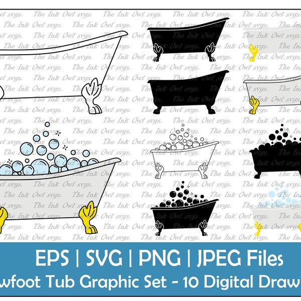 Bathtub and Bubbles Vector Clipart Set / Outline & Stamp Graphic Illustrations / Clawfoot vintage / PNG, JPG, SVG, Eps