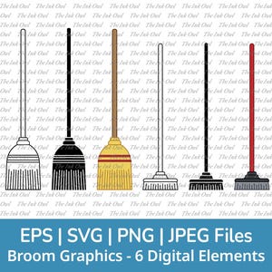 Besen Vektor-Clipart-Set / Umriss, Stempel Silhouette & Farbe Zeichnung Grafiken / Png, SVG, Jpg, EPs