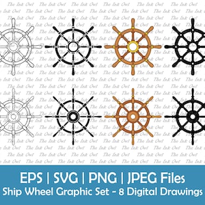 Ship&#39;s Captain Wheel Vector Clipart / Outline, Silhouette Stamp & Color Illustration Graphic / Nautical / Png, Svg, Jpg, Eps