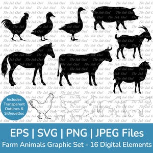 Siluetas de animales de granja, imágenes prediseñadas vectoriales / gráficos de contorno y sellos / caballo, vaca, cabra, oveja, cerdo, pato, pollo, ganso / Png, Svg, Eps, Jpg