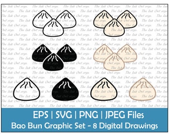 Bao Bun Vector Clipart / Outline, Silhouette Stamp & Color Drawing Illustrations / Food Sublimation / PNG, JPG, SVG, Eps