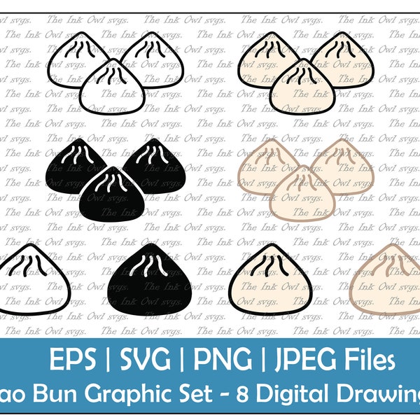 Bao Bun Vector Clipart / Outline, Silhouette Stamp & Color Drawing Illustrations / Food Sublimation / PNG, JPG, SVG, Eps